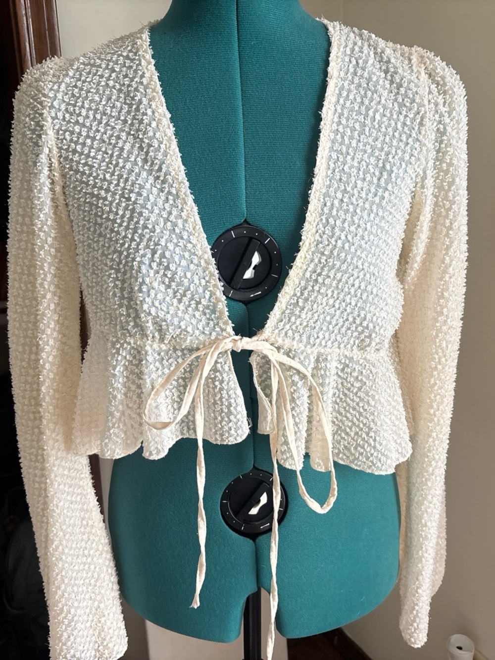 Tie-Front Cream Textured Knit Cardigan